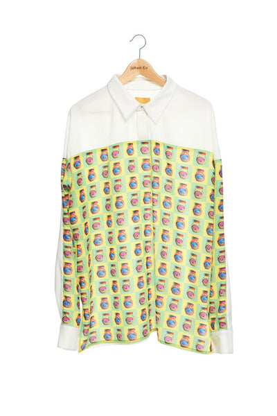 Andy Collection- Front Yellow/Green Pop Art Graphic Over-sized White Shirt - Johan Ku Shop