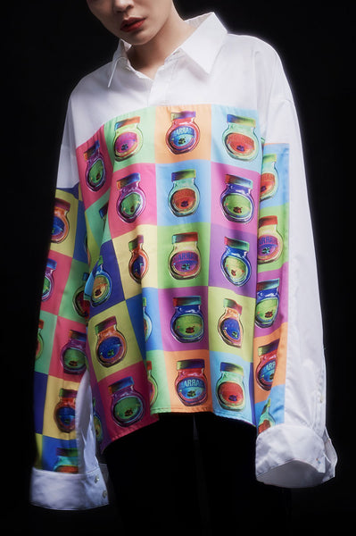 Andy Collection- Full Colour Front Square Graphic Over-sized White Shirt - Johan Ku Shop