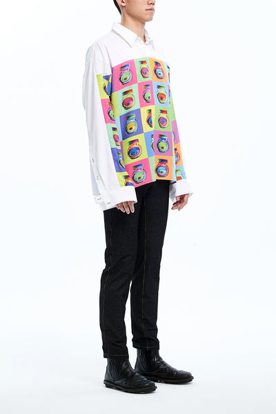 Andy Collection- Full Colour Front Square Graphic Over-sized White Shirt - Johan Ku Shop