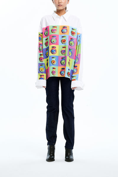 Andy Collection- Full Colour Front Square Graphic Over-sized White Shirt - Johan Ku Shop