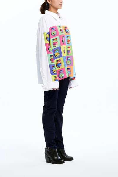 Andy Collection- Full Colour Front Square Graphic Over-sized White Shirt - Johan Ku Shop