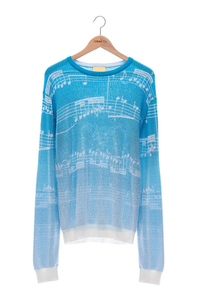 Elioliver Collection- Note Graphic Knitted Jacquard Top - Blue/White - Johan Ku Shop