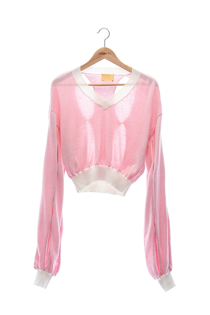Elioliver Collection- Cut-Out See Through Knitted Top - White/Pink - Johan Ku Shop