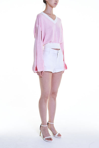 Elioliver Collection- Cut-Out See Through Knitted Top - White/Pink - Johan Ku Shop