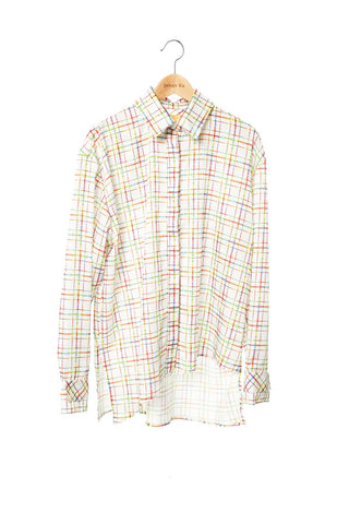 Elliot Collection- Lighter Plaid Print Asymmetric Details Oversize Shirt - Johan Ku Shop