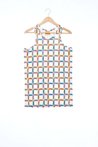 "The Painters" Collection- Crayon Stripes White Printed Elastic Jersey Tank Top