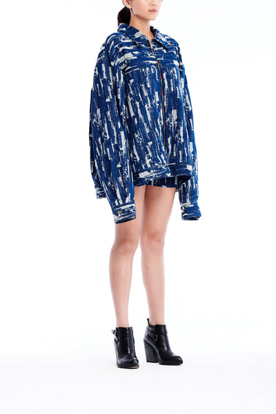 Sean Collection- BPM Inspired Damaged Jacquard Over-sized Jeans Jacket