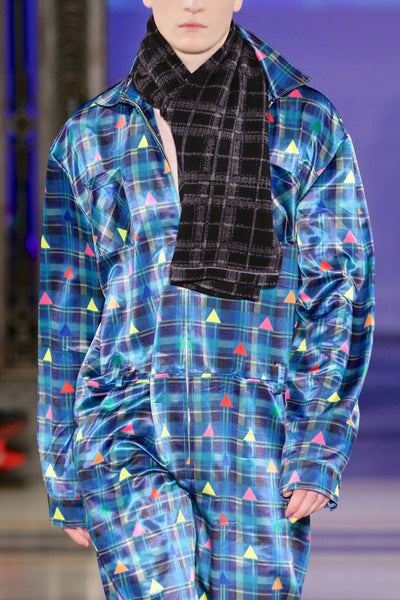 Sean Collection- Zip Front Printed Overalls- Blue Check with Rainbow Triangle Dots