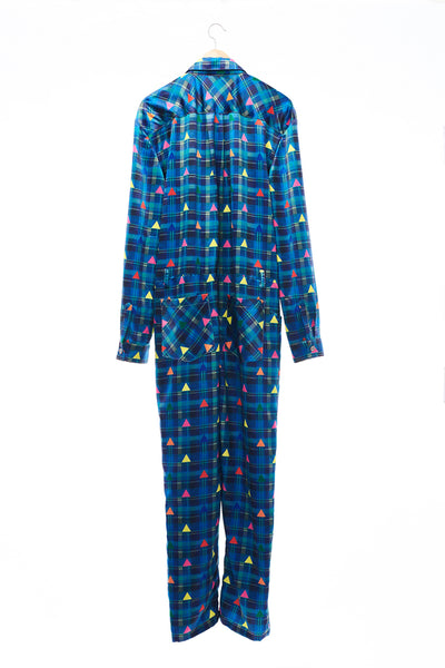 Sean Collection- Zip Front Printed Overalls- Blue Check with Rainbow Triangle Dots