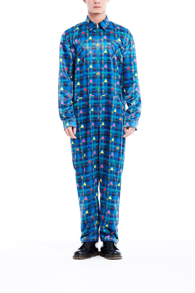 Sean Collection- Zip Front Printed Overalls- Blue Check with Rainbow Triangle Dots