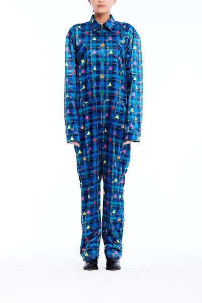 Sean Collection- Zip Front Printed Overalls- Blue Check with Rainbow Triangle Dots