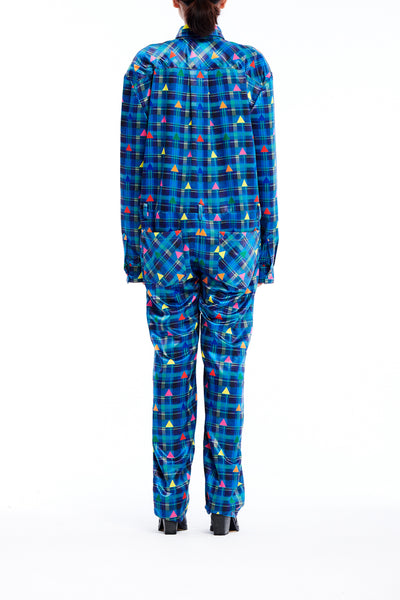 Sean Collection- Zip Front Printed Overalls- Blue Check with Rainbow Triangle Dots