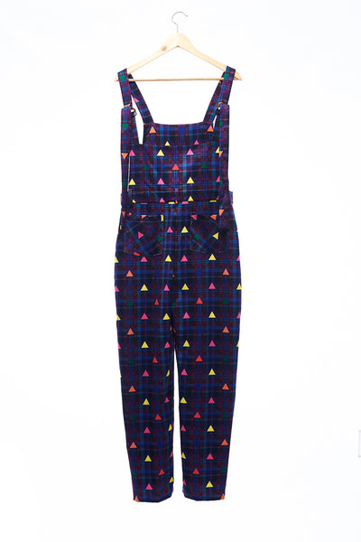 Sean Collection-Printed Overalls- Purple Check with Rainbow Triangle Dots