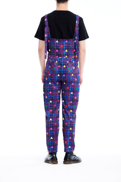 Sean Collection-Printed Overalls- Purple Check with Rainbow Triangle Dots
