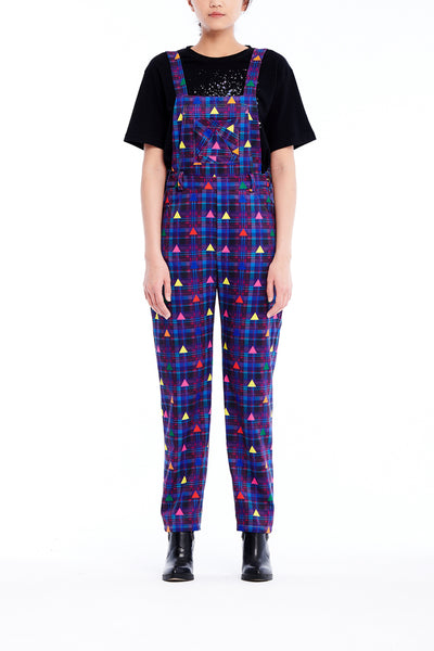 Sean Collection-Printed Overalls- Purple Check with Rainbow Triangle Dots