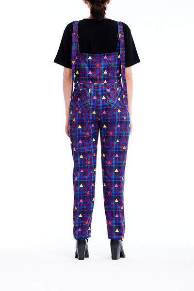 Sean Collection-Printed Overalls- Purple Check with Rainbow Triangle Dots