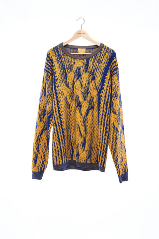 Sean Collection- Chunky Cable Graphic Jacquard Oversized Knitwear- Canary/Blue