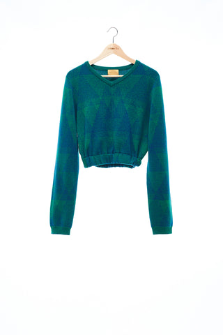 Sean Collection- Triangle Graphic Jacquard Crop V Neck Knitwear - Emerald