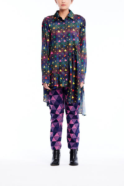 Sean Collection- Asymmetric Cutting Printed Short Dress- Rainbow Triangle Dots/Dark