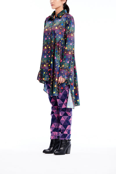 Sean Collection- Asymmetric Cutting Printed Short Dress- Rainbow Triangle Dots/Dark
