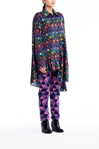 Sean Collection- Asymmetric Cutting Printed Short Dress- Rainbow Triangle Dots/Dark