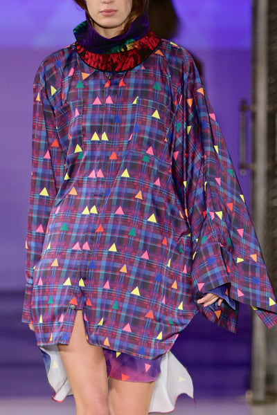 Sean Collection- Asymmetric Cutting Printed Short Dress- Purple Check with Rainbow Triangle Dots