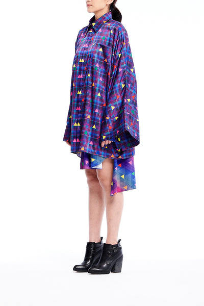 Sean Collection- Asymmetric Cutting Printed Short Dress- Purple Check with Rainbow Triangle Dots