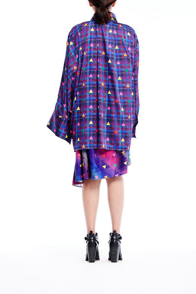 Sean Collection- Asymmetric Cutting Printed Short Dress- Purple Check with Rainbow Triangle Dots