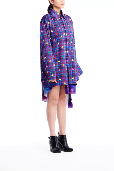 Sean Collection- Asymmetric Cutting Printed Short Dress- Purple Check with Rainbow Triangle Dots